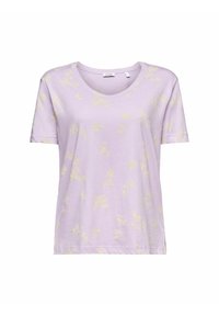 Fialové tričko z jemné látky s krátkými rukávy, kulatým výstřihem a jemným žlutým květinovým vzorem po celém povrchu.