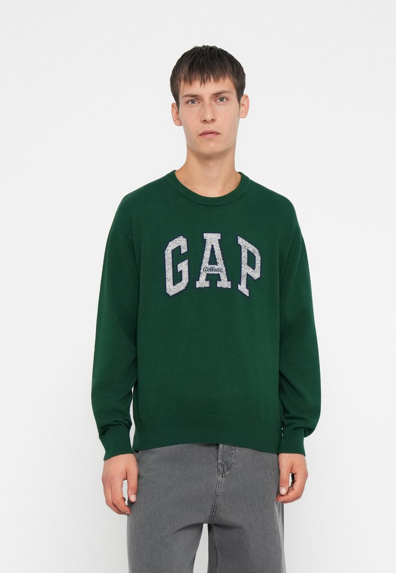 Grüner Strickpullover mit Rundhalsausschnitt und gerippten Bündchen, mit einem strukturierten 'GAP'-Logo in Hellgrau und Marineblau auf der Brust. Getragen mit grauen Hosen.