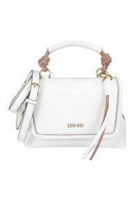 Borsa a mano bianca in pelle con accessori dorati, manico annodato beige e tracolla rimovibile. Caratterizzata da un interno foderato e un dettaglio con logo.