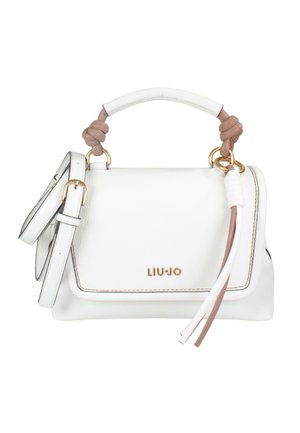 Borsa a mano bianca in pelle con accessori dorati, manico annodato beige e tracolla rimovibile. Caratterizzata da un interno foderato e un dettaglio con logo.