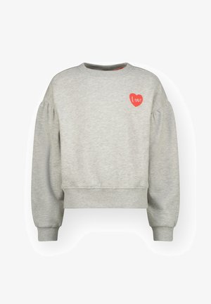 Gray cropped sweatshirt with long puff sleeves and ribbed cuffs. Features a red heart graphic with the word "love" in white. Soft fabric texture.
