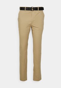 Chino khaki con una vestibilità slim, realizzati in tessuto misto cotone. Presentano una cintura nera, una texture liscia e un design a gamba dritta.