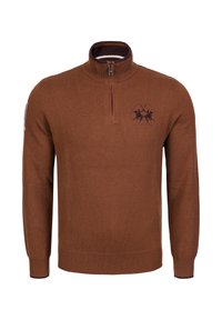 Pull en tricot marron avec un col à demi-fermeture éclair, doté d'un logo polo brodé sur la poitrine. Texture lisse, poignets et ourlet côtelés.