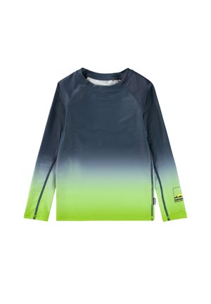 Hosszú ujjú rash guard sötétkék és lime színátmenetben. Sima, rugalmasságot biztosító anyag, lapos varrásokkal. Molo logó a fronthoz közeli bal alsó sarokban.
