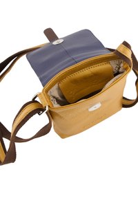 Gele leren crossbody tas met een bruine schouderband. De sluitflap is blauw. Het interieur heeft vakken voor kaarten en een gevoerd patroon.