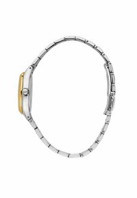 Orologio in acciaio inossidabile argentato con una lunetta rettangolare in tonalità oro. Presenta un bracciale liscio, una finitura lucida e una corona sul lato.