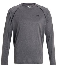 Graues langärmliges Sportshirt aus einem weichen, feuchtigkeitsableitenden Stoff. Verfügt über einen Rundhalsausschnitt und ein dezentes Logo auf der Brust.