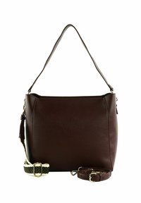 Borsa in pelle bordeaux con rifinitura textured, dotata di una lunga tracolla regolabile e dettaglio con nappina. Design semplice con un bordo superiore liscio.