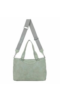 Borsa in tessuto verde con texture, dotata di tracolla grigia regolabile. Presenta manici corti e una chiusura con zip. Forma rettangolare con angoli arrotondati.
