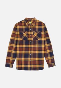 Chemise en flanelle à carreaux orange, jaune et bleu marine. Présente un devant à boutons, un col et deux poches poitrines avec rabats.