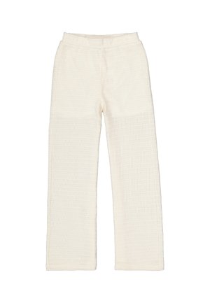 Witte gebreide broek met structuur, elastische tailleband en rechte brede pijpen, plat liggend op een witte achtergrond.