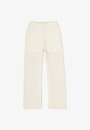 Pantalon en tricot blanc texturé avec taille élastique et jambes droites larges, présenté à plat sur un fond blanc.