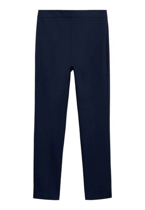 Námořnické modré kalhoty na míru s hladkým povrchem, slim fit, s plochým předním dílem a úhledně přetlačenými záhyby podél nohavic.