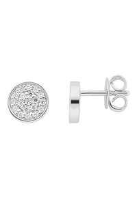 Silberne Ohrstecker mit kreisförmigem Design, das in der Mitte einen Cluster aus kleinen klaren Rhinestones und eine glatte silberne Rückseite aufweist.