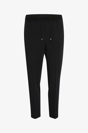 Schwarze Sweatpants mit elastischem Bund, verstellbarem Kordelzug, schmal zulaufendem Bein und glatter Textur. Mit zwei Seitentaschen.