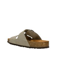 Šedé semišové skluzné sandály s korkovou stélkou, otevřenou špičkou a zkříženými pásky s výřezy. Silná, texturovaná gumová podešev.