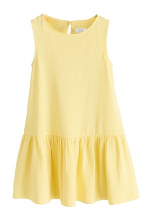 Varrukateta kollane kleit ümara kaelusega, kogutud seelikuga ja seljal nupuga kinnitusega, valmistatud kergest tekstuurse kangast.