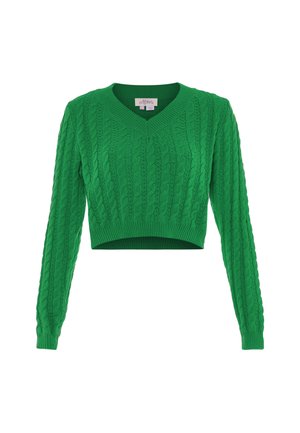 Grüner, kurzer Pullover mit Kabelstrickdesign, langen Ärmeln und V-Ausschnitt. Hergestellt aus Strickstoff und mit einer strukturierten Oberfläche.