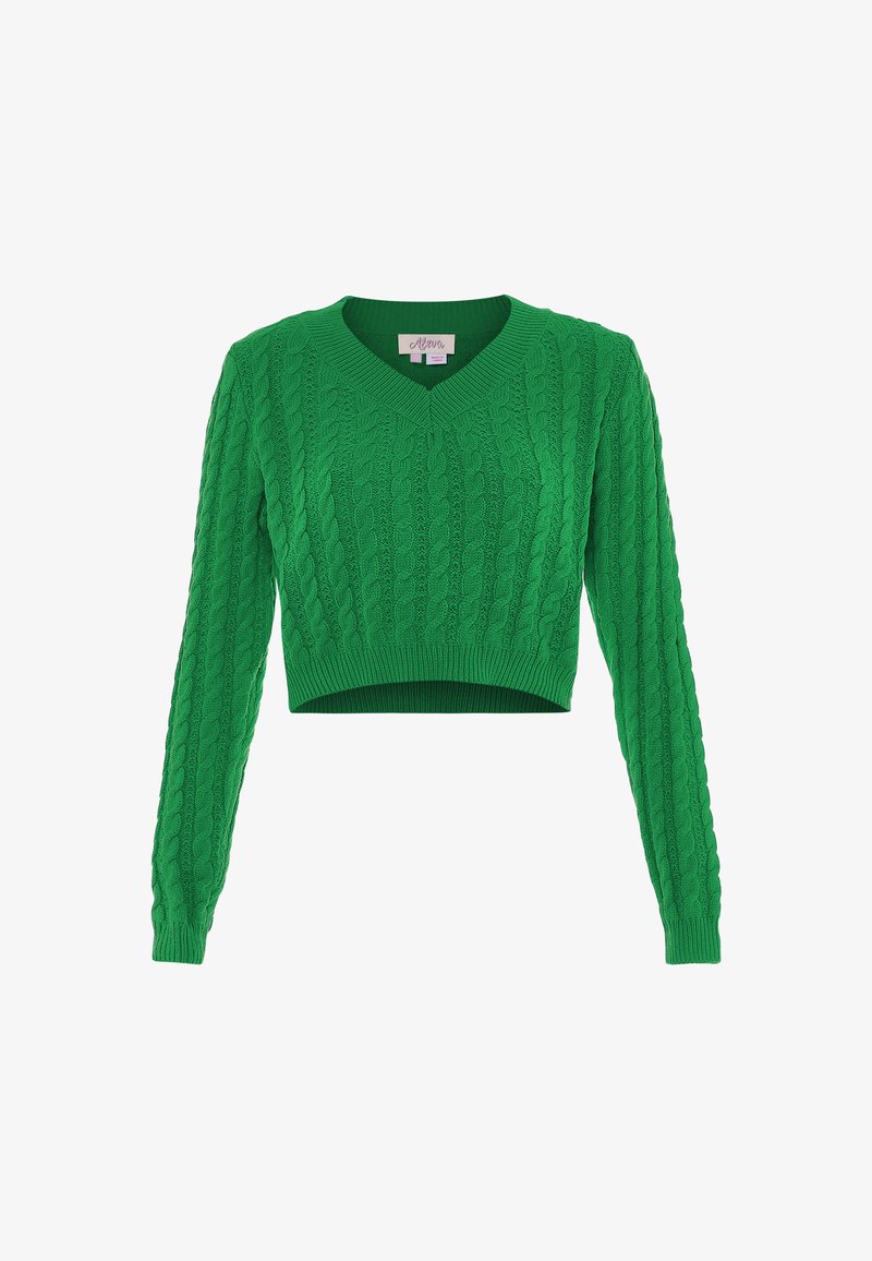 Zöld, rövidített pulóver, kábelmintás kialakítással, hosszú ujjaival és V-nyakkivágással. Kötött anyagból készült, texturált megjelenéssel.