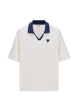 Wit poloshirt met korte mouwen, marineblauwe kraag en een klein marineblauw driehoeklogo op de linkerborst.