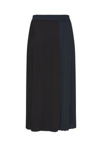 Jupe midi plissée noire et bleu marine foncé avec une taille élastique et des plis verticaux.