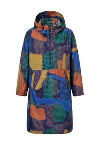 Long hooded jacket with front zipper and large pocket, featuring abstract colorful pattern in blue, green, orange, purple, and yellow hues.