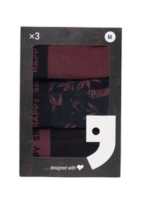 Confezione di tre paia di calzini di cotone in colori scuri: uno bordeaux, uno blu scuro con motivo floreale e uno completamente nero. Imballaggio di taglia media.