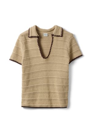 Polo a maniche corte beige in crochet con bordi marroni su colletto, estremità delle maniche e scollatura, di Stefanel.