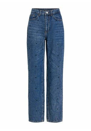 Jean en denim bleu taille haute avec une coupe droite décontractée et de petits pois noirs brodés dispersés sur le tissu.