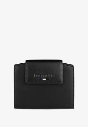 Portefeuille en cuir noir de forme rectangulaire, doté d'une fermeture à rabat, d'un logo en relief et d'accents métalliques minimalistes. Texture lisse.