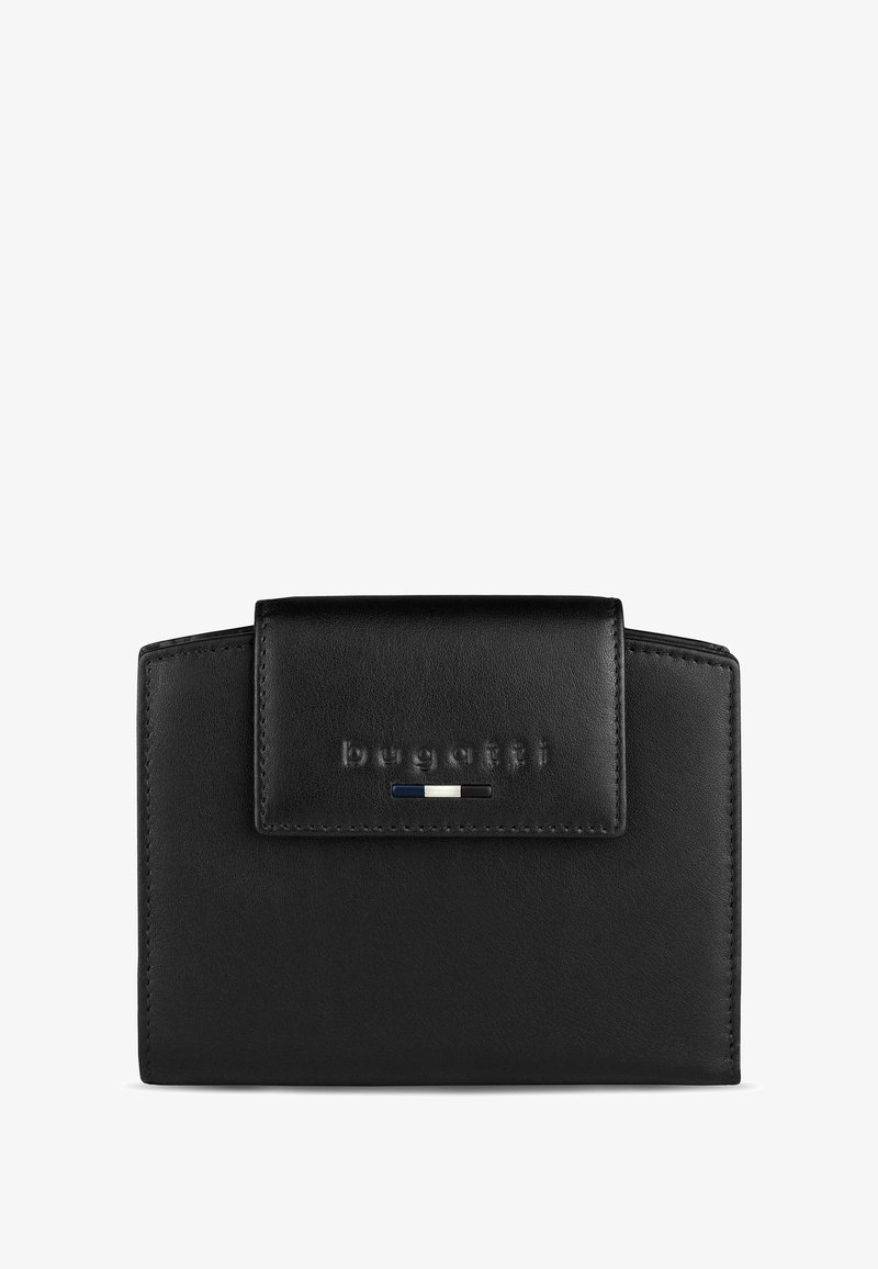 Portefeuille en cuir noir de forme rectangulaire, doté d'une fermeture à rabat, d'un logo en relief et d'accents métalliques minimalistes. Texture lisse.