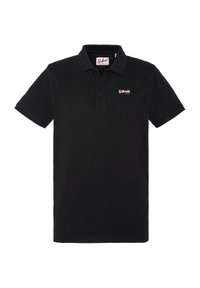 Sort polo shirt lavet af bomuld, med en knappet placket og et lille broderet logo i rød og hvid på venstre brystområde.