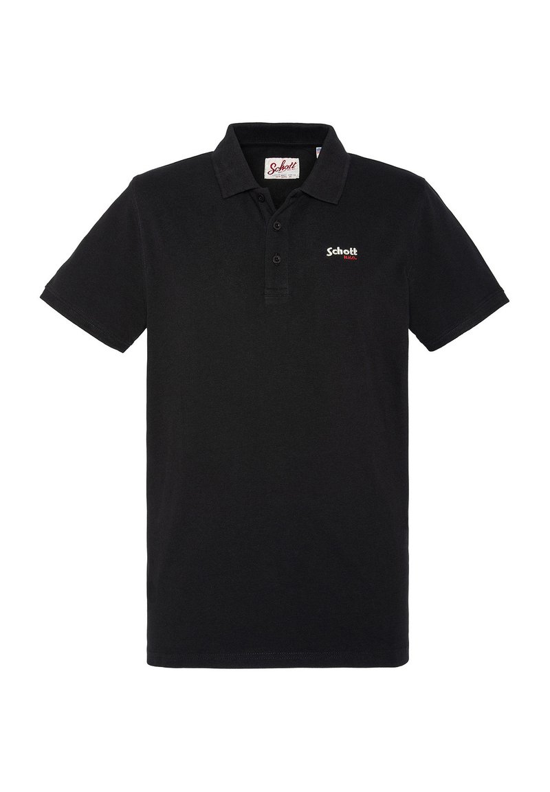 Sort polo shirt lavet af bomuld, med en knappet placket og et lille broderet logo i rød og hvid på venstre brystområde.