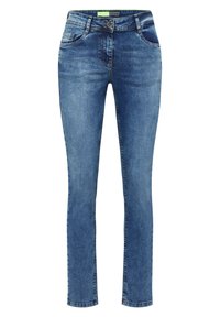 Jeans ajustados en denim azul medio, con un clásico diseño de cinco bolsillos, cremallera con cierre de botón y un sutil efecto de desgastado en la parte frontal.
