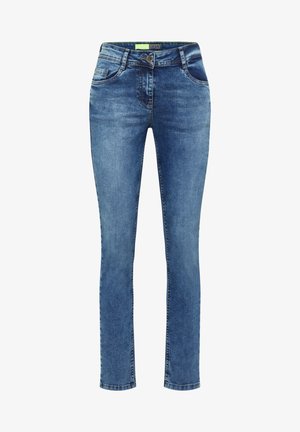 Schmale Jeans aus mittelblauem Denim mit klassischem Fünf-Taschen-Design, Reißverschluss und Knopfverschluss sowie dezentem Used-Look an der Vorderseite.