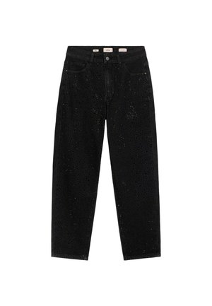 Schwarze Jeans mit hoher Taille und dezent glitzerndem Punktemuster, mit Knopfverschluss und Vordertaschen, flach auf weißem Hintergrund liegend.