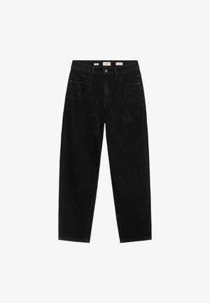 Schwarze Jeans mit hoher Taille und dezent glitzerndem Punktemuster, mit Knopfverschluss und Vordertaschen, flach auf weißem Hintergrund liegend.