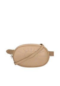 Borsa a tracolla beige con finitura in pelle liscia, forma ovale, adornata con borchie e dotata di una tracolla removibile. Presenta una chiusura a zip.
