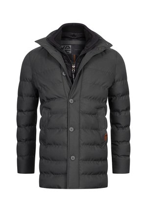 Ciemnoszara kurtka puchowa z zapięciem na guziki, wysokim kołnierzem i pikowaną fakturą. Posiada naszywkę z logo oraz dwie boczne kieszenie.