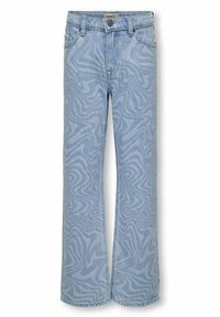 Jeans acampanados de color azul claro con un patrón ondulado. Hechos de denim, cuentan con cierre de botón, diseño de cinco bolsillos y dobladillos cosidos.