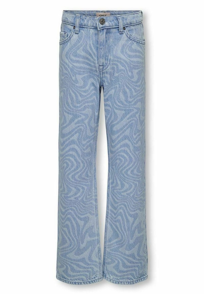 Jeans acampanados de color azul claro con un patrón ondulado. Hechos de denim, cuentan con cierre de botón, diseño de cinco bolsillos y dobladillos cosidos.