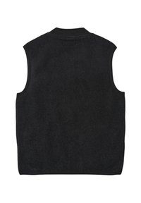 Gilet nero senza maniche realizzato in materiale morbido, con una superficie testurizzata e scollo a costine. Design semplice senza ulteriori dettagli.