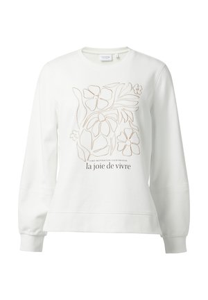 Weißer Pullover mit langen Ärmeln, versehen mit einem geprägten floralen Design und dem Text "la joie de vivre" in Beige. Hergestellt aus weichem Stoff, lockere Passform.