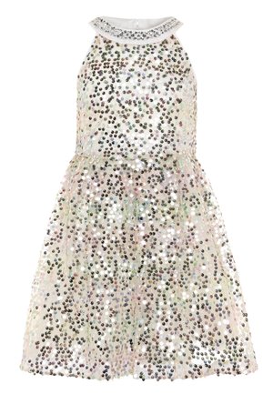 Robe en sequins avec un design sans manches, corsage blanc et sequins multicolores sur une jupe transparente. Présente un col rond avec une bordure en dentelle.