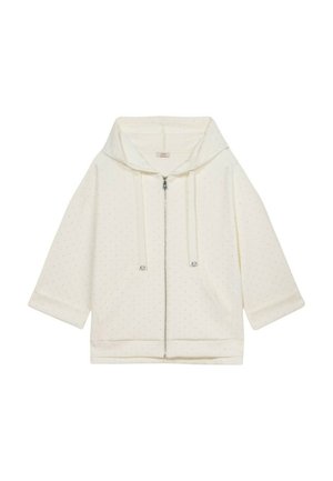 Cremfarbener Reißverschluss-Hoodie mit großer Kapuze, kurzen Ärmeln und gepunktetem Muster. Verfügt über zwei Fronttaschen und silberfarbene Hardware-Akzente.