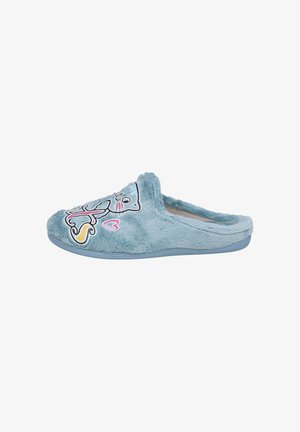 Zapatilla suave azul, tipo slip-on, con diseño de gato de dibujos animados y corazón rosa, textura de felpa y suela azul clara.