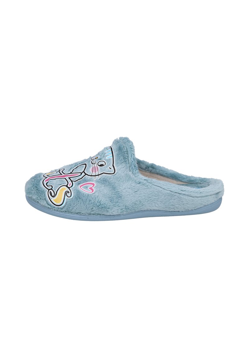 Zapatilla suave azul, tipo slip-on, con diseño de gato de dibujos animados y corazón rosa, textura de felpa y suela azul clara.