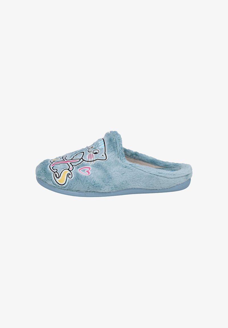 Zapatilla suave azul, tipo slip-on, con diseño de gato de dibujos animados y corazón rosa, textura de felpa y suela azul clara.