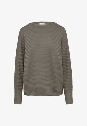Olijfgroene, geribbelde trui met lange mouwen en een brede ronde hals. Losse pasvorm met textuurstof en aansluitende manchetten.