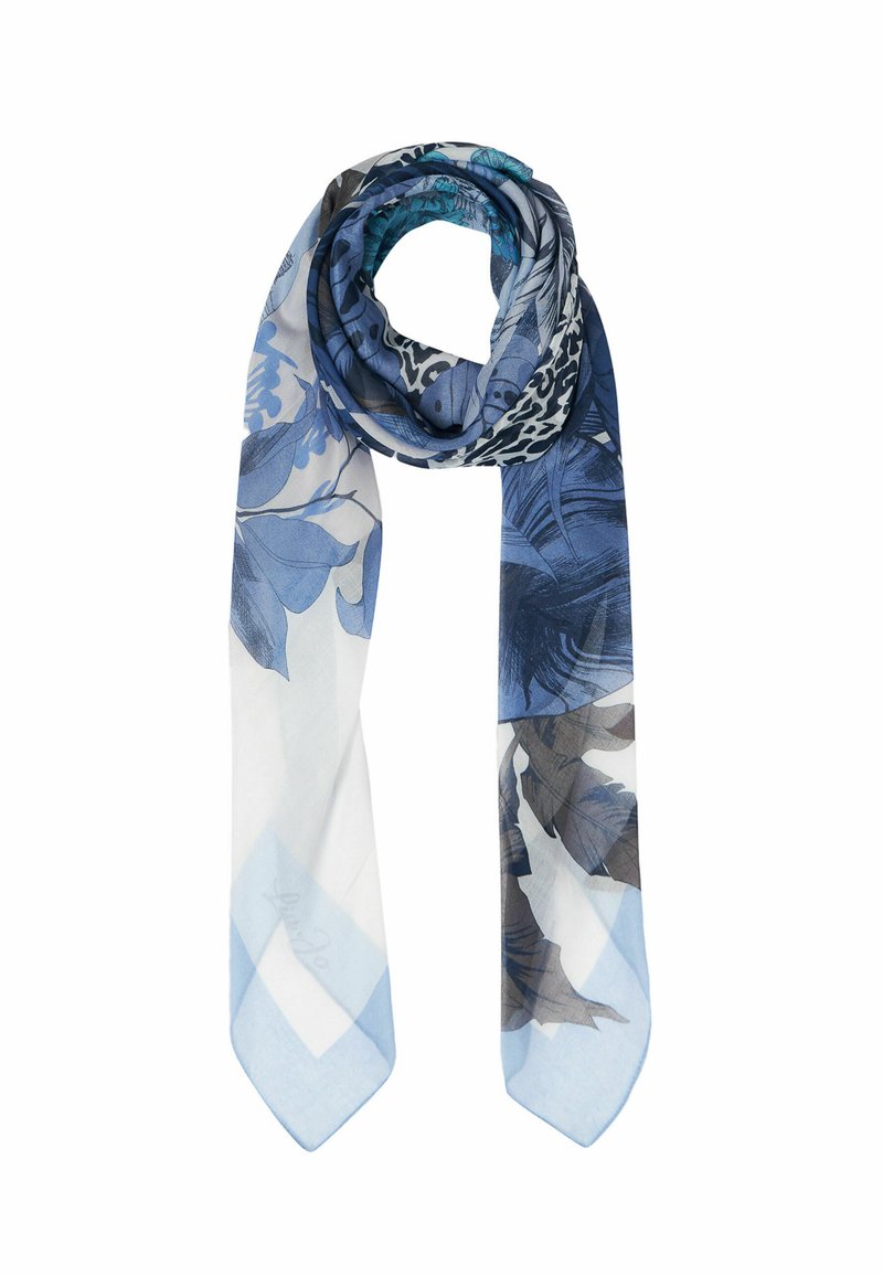 Sciarpa blu con motivo floreale in diverse sfumature, realizzata in tessuto semitrasparente e con estremità a punta. Vi è anche un design in bianco e nero.